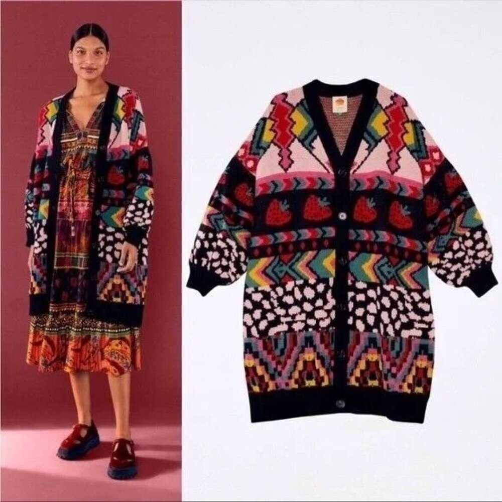 Farm Rio Crazy Mix V-Neck Cardigan LG NWT
